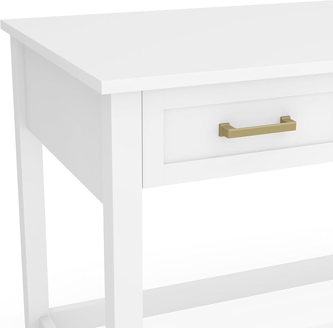 Martha Stewart Hutton Shaker Style Home Office Desk with 3 Drawers in White with Polished Brass Hardware