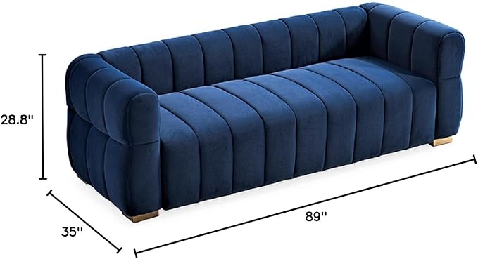 Art Deco Velvet Sofa with Tufted Low Back Design Sophisticated 3 Seater Couch for Living Rooms 89 Inch Wide Easy Assembly Blue