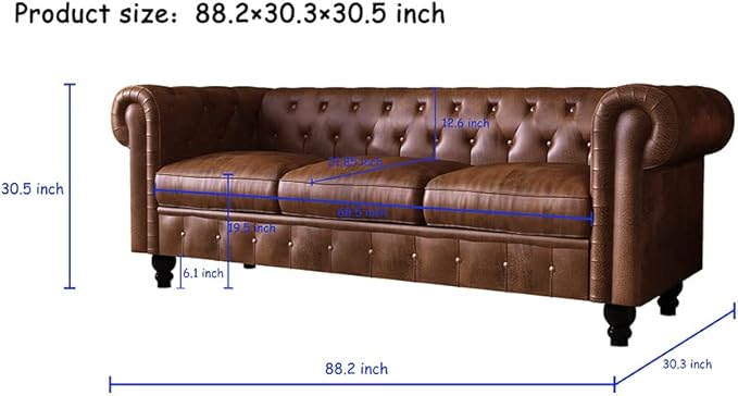 WILLIAMSPACE 88.2 Chesterfield Sofa Couch for Living Room 3 Seater Couches Upholstered Tufted PU Sectional Sofa for Office Apartment - Brown