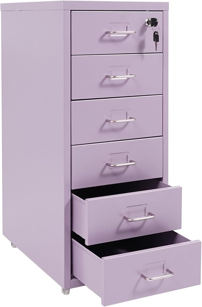 6 Drawer File Cabinet Metal Mobile Office Filing Organizer Vertical Lockable Office Filing Cabinet Heavy-duty Steel File Storage Cabinet with Keys and Wheels for Study Office Living Room (Purple)