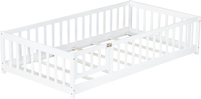 Twin Floor Bed with Slats Fence and Door Twin Size Montessori Floor Bed for Kids Girls Boys Easy Assemble Montessori Bed Frame(Twin White)