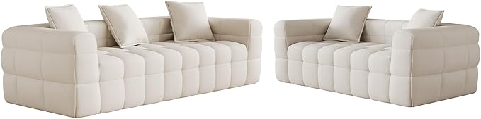 2 Piece Cloud Sofas Set Comfy Tufted Deep Seat 2 Seater Loveseat &amp 3 Seater Couch Sets Modern Chenille Compression Bubble Sofa for Living Room No Assembly Required Beige White