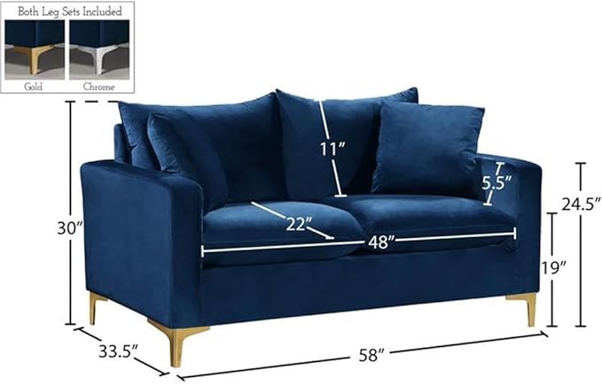 Meridian Furniture Naomi Collection Modern | Contemporary Navy Velvet Upholstered Loveseat with Stainless Steel Base in a Rich Gold or Chrome Finish
