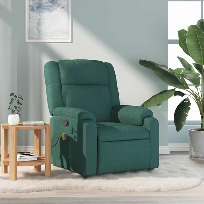vidaXL Massage Recliner Chair for Living Room Adjustable Recliner with 6-Point Vibration Massage Home Theater Seating with Padded Seat Backrest &amp Side Pocket Dark Green Fabric