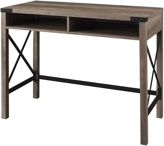 Pemberly Row 42 in Modern Metal and Wood Desk Gray Wash Finish 2 Storage Cubbies with Cord Management Industrial Corner Brackets and X Accents Rustic Farmhouse Style Home Office Writing Desk