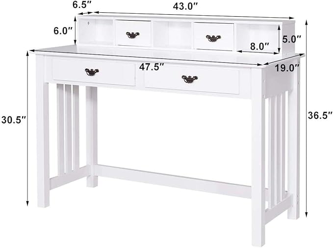 LDAILY Moccha Writing Desk with 4 Drawers Solid Pine Wood Legs Makeup Vanity Dressing 2-Tier Hutch Removable Floating Organizer Console Table Home Office Computer Spacious Work Station White