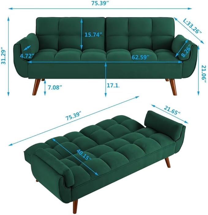 Convertible Sofa Bed Folding Loveseat Couch Modern Futon Recliner Sleeper with Adjustable Backrest Green
