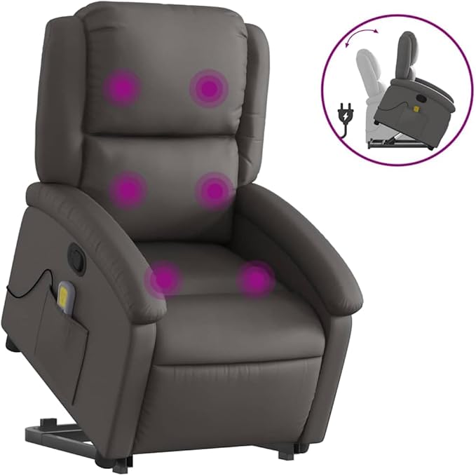 vidaXL Gray Real Leather Power Lift Massage Recliner - Electric Motor Stand-Up Armchair Manual Tilt Vibration Massage Foam Padded