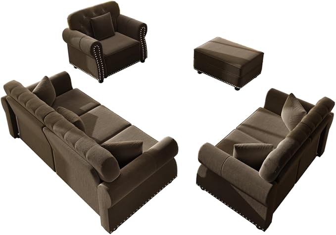 Mid-Century Modern Chesterfield Sofa Set Brown Velvet Tufted 1 Seater 2 Seater Loveseat 3 Seater Sofa with Ottoman Nailhead Trim &amp Rolled Arms Living Room Furniture