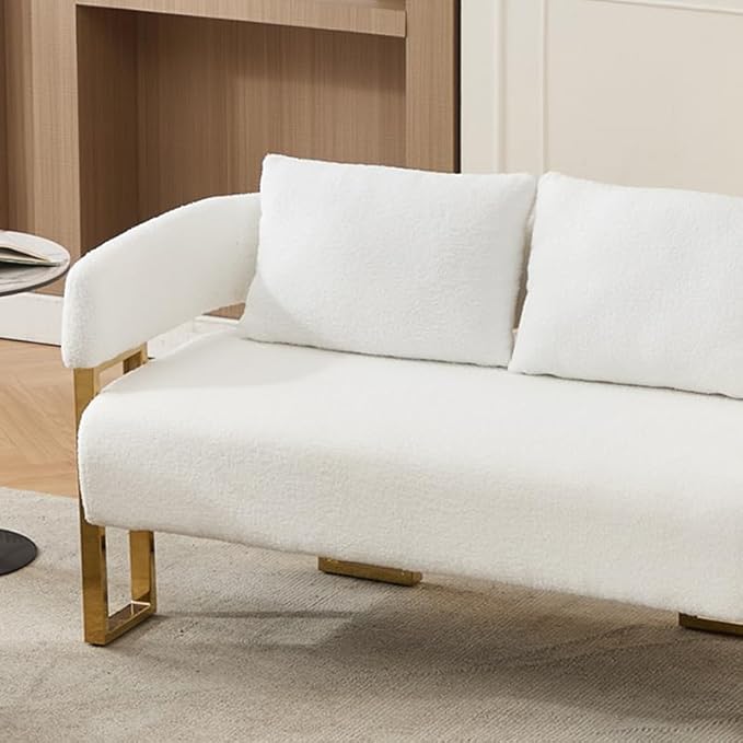 Teddy Loveseat Couch Modern Upholstered Small Love Seat Sofa 2 Seat Sofa with Gold Metal Frame Comfy Couches for Living Room Bedroom Reception Area &amp Office (White)