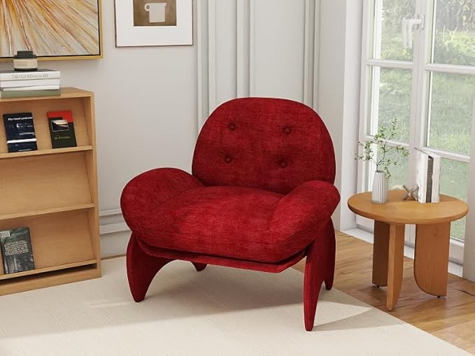 thksbought Modern Accent Chair Red Chenille Mid Century Lounge Armchair with Button Tufted Back Comfy Luxury Crab Chair with Upholstered Seat for Bedroom Apartment Studio Office (Red 1PC)