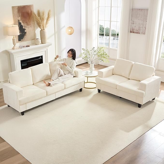 PUREMIND 2 Piece Living Room Sofa Set Chenille Upholstery 3 Seater Couch and Loveseat Set Solid Wood Frame Modern Sectional Couches for Living Room Office Apartment