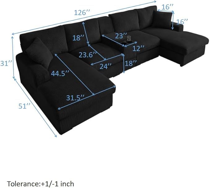 U-Shaped Sectional Cloud Sofa with Storage Console and Cupholders 126-Inch U-Shaped Symmetrical Corduroy Sectional Couch W/2 Chaise LoungesUSB-C Ports &amp 2 Pillows