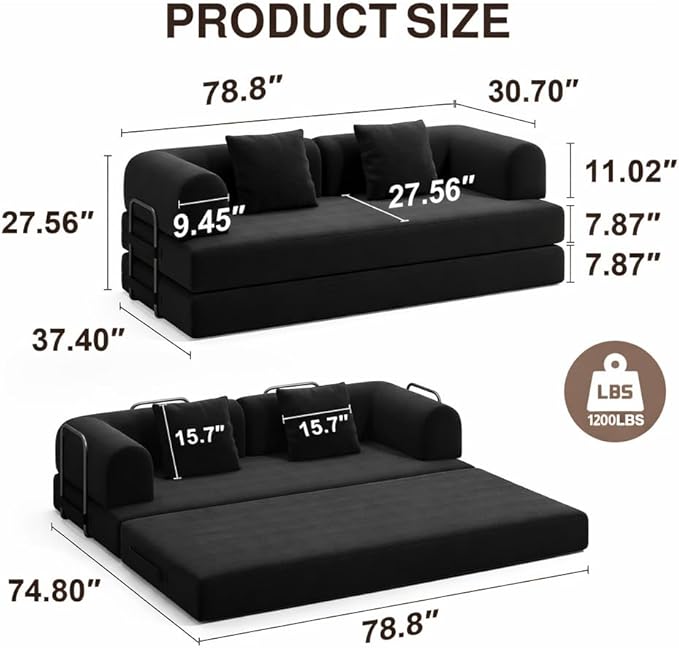 Ahomly 78.8'' Convertible Sofa Bed5-in-1 Boneless Couch with Removable ArmrestsFolding Futon Sofa Bed Includes 2 PillowsComfy Pull Out Couch for Living RoomNo Assembly RequiredBlack
