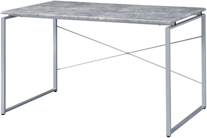 Faux Concrete &amp Silver Finish Industrial Style Writing Desk Open Back Design Durable Composite Wood and Steel Construction Compact Home Office Desk for Bedroom or Study