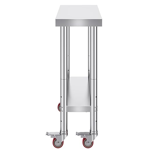 VEVOR Stainless Steel Work Table 30 x 12 x 34 Inch 700 LBS Load Capacity with 4 Wheels 3 Adjustable Height Levels Heavy Duty Food Prep Worktable for Commercial Kitchen Restaurant Silver