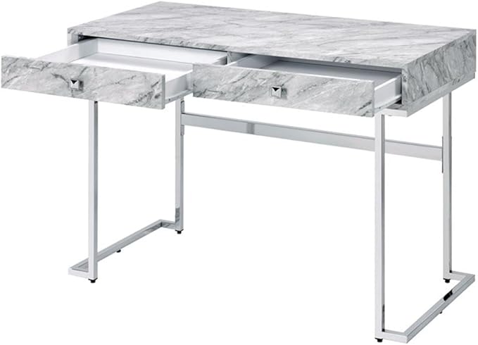 Acme Tigress Faux Marble Top Writing Desk with 2 Drawers in White and Chrome