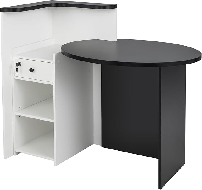 Reception Desk Small Retail Checkout Counter with Lockable Drawer and Open Shelves Wooden Computer Workstation for Home Office Lobby White Oval Desktop &amp Black Counter