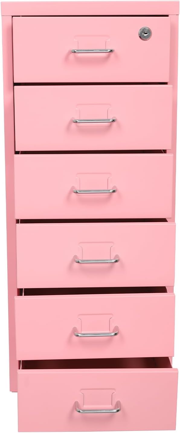 6 Drawer Mobile File CabinetVertical File Cabinet with Lock Metal Storage Cabinet for HomeOffice Horizontal Rolling Filing Cabinets for Letter/Legal/A4/F4 Hanging Files (Pink)