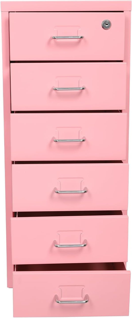 6 Drawer Filing Cabinets with Lock Metal Vertical File Storage CabinetMoblie Office File Cabinet with WheelsRolling Metal Filing Storage CabinetsLocking File Cabinet for for Home Office (Pink)