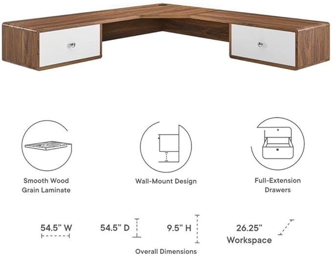 Modway Transmit 55 Wall Mount Corner Wood Office Desk in Walnut/White