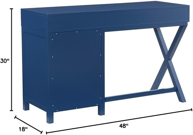 Pemberly Row Modern Wood Side Storage Desk 48 W x 18 D x 30 H Navy Blue Finish 4 Drawers with Silver Handles X-Frame Design Home Office or Bedroom Desk for Writing or Computer Use