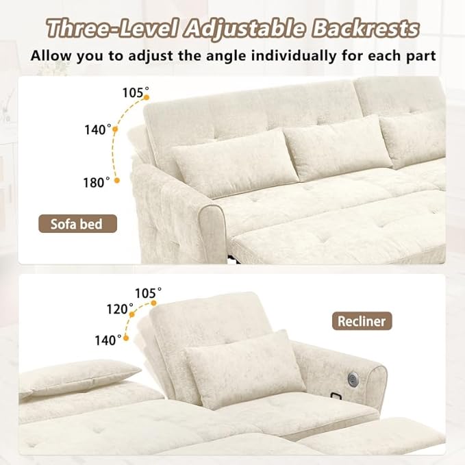 Polibi 2-in-1 Convertible Sofa Bed &amp Recliner - 3-Position Adjustable Backrest (105°-180°) Reversible Design Dual USB Ports 82 Wide Beige