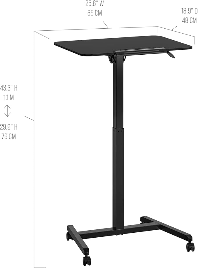 Seville Classics Airlift Height Adjustable Pneumatic Laptop Sit Stand Desk Mobile Rolling Cart Computer Workstation for Home Office Classroom Black 25.6 Tilting Desktop