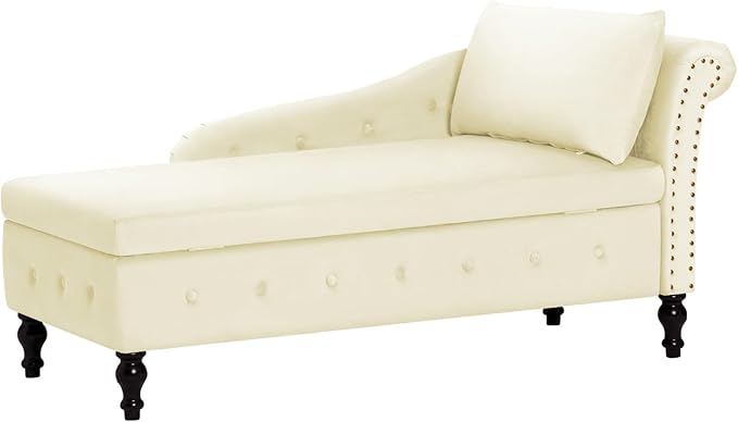 Upholstered Chaise Lounge with Right Armrest &amp Lumbar PillowButton Tufted Lounge Sofa with StorageLounge Chair IndoorModern Velvet Lounge Chair for Bedroom Living Room and OfficeBeige
