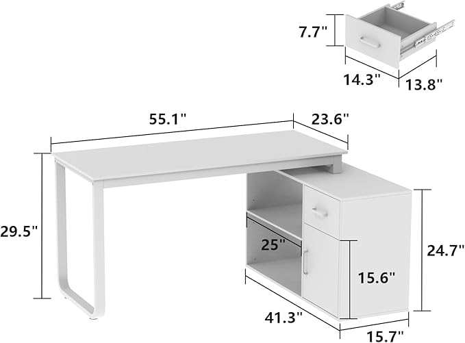 ECACAD Shape Adjustable Computer Desk with Storage Cabinet L Shaped Corner Home Office Desk Study Writing Table with Drawer Door &amp Adjustable Shelves White