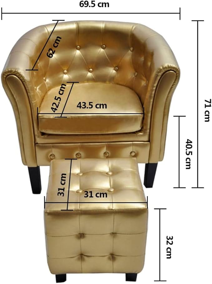 vidaXL Luxurious Gold Tub Chair with Footstool Faux Leather Accent Armchair Great for Living Room and Office Decor Ergonomic Design Removable Cushion Chesterfield Compact Lounge Club Comfy