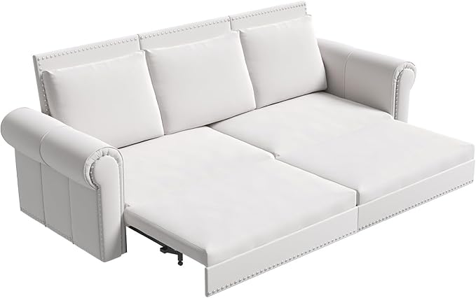 93.7 King Size Chesterfield 3-seat Pull Out Sofa Bed Velvet Couch Bed with Nailhead Trim and Rolled Arm 3-in-1 Sleeper Sofa for Living Room Apartment Office Beige