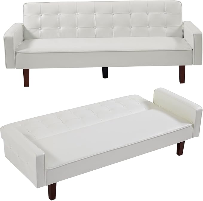mikibama PU Faux Leather Futon Sofa Couch Upholstered Convertible Sleeper Sofa Bed Futons Modern Tufted 3 Seater Sofa Bed Couch for Living Room Apartment Small Spaces with Solid Wood Legs