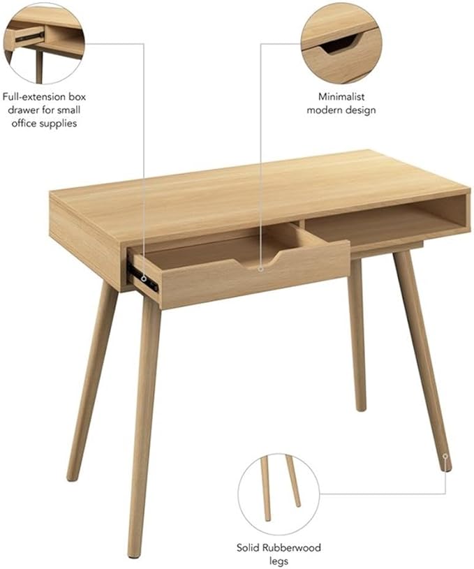 Nora 40W Writing Desk in Natural Oak | Compact Writing Table with Storage Workstation for Home Office or Study Room