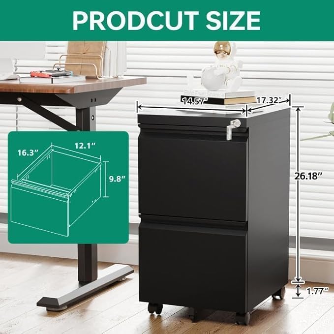 Letaya 2 Drawer Mobile File Cabinet with Lock Under Desk Metal Rolling Filing Cabinets for Home Office Organizer Letters/Legal/A4 (Black- Requires Installation)
