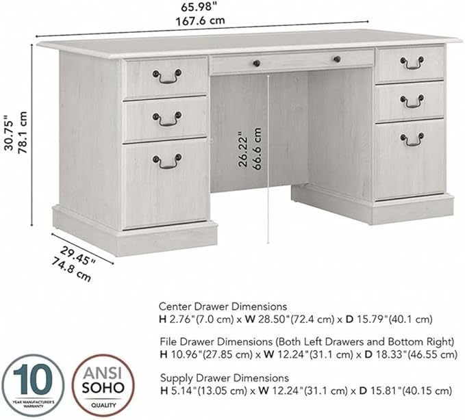 Scranton &amp Co Traditional Executive Desk Wood Construction Linen White Oak Finish 66W x 30D Lockable Drawers Breakfront Design Sturdy Computer Desk for Home Office or Workspace