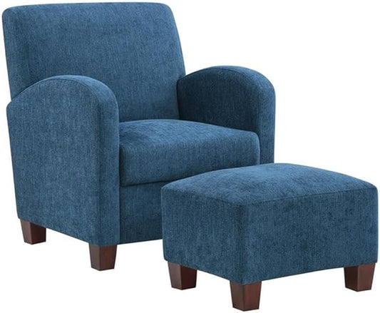 Pemberly Row Accent Chair &amp Ottoman Navy Blue Herringbone Fabric Medium Espresso Legs Double Stitch Detail Padded Seat with Foam and Spring Support 29.25 W x 32 D x 35 H Living Room Seati