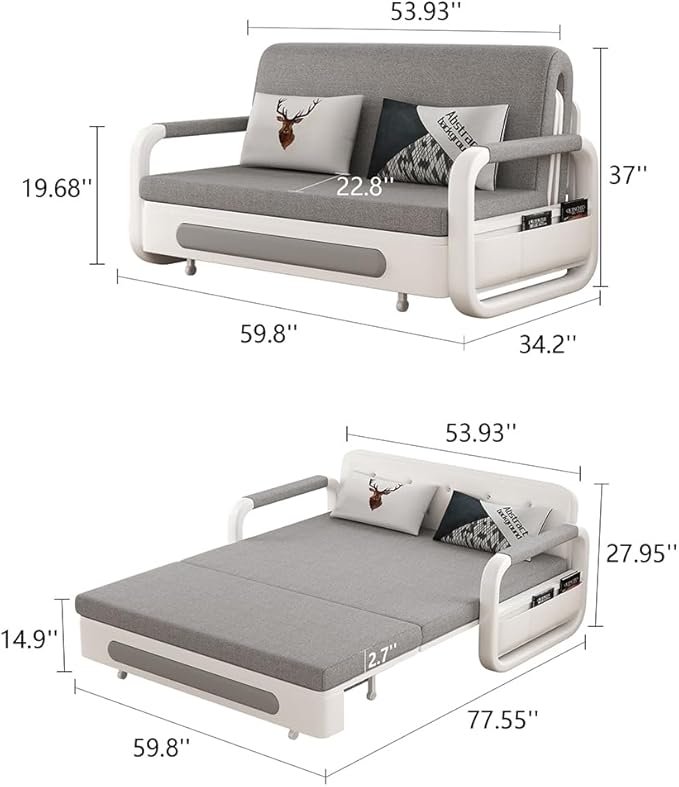 59.8 Versatile Pull-Out Sofa Bed – Modern Versatile Futon Sleeper Couch Daybed with Trundle Perfect for Living Room &amp RV Gray/White