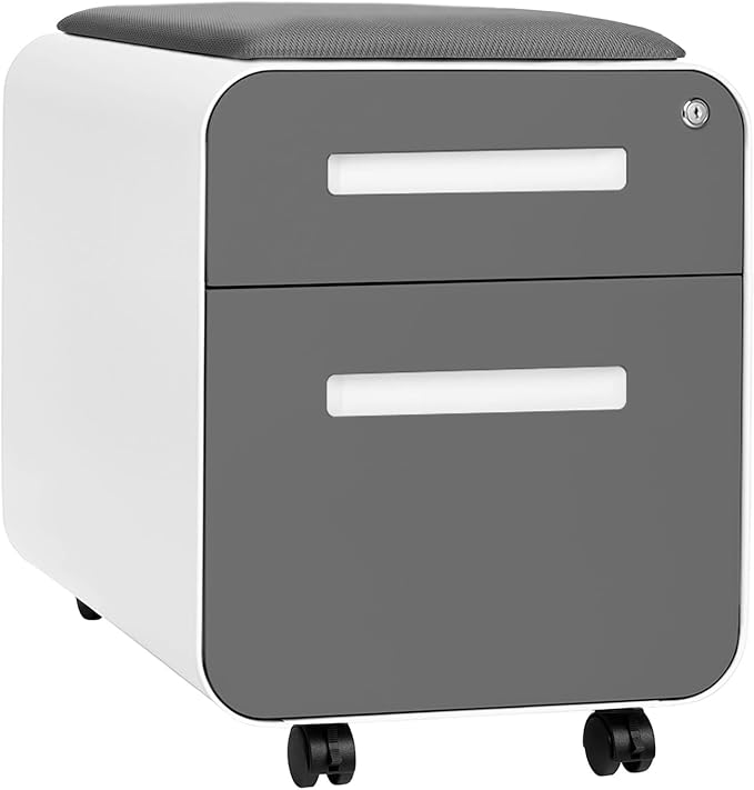 Laura Davidson Furniture STOCKPILE Mini Seated 2 Drawer Mobile File Cabinet with Removable Magnetic Cushion Seat - Short Version Metal Filing Cabinet Pre-Assembled Dark Grey Face with Grey Cushion
