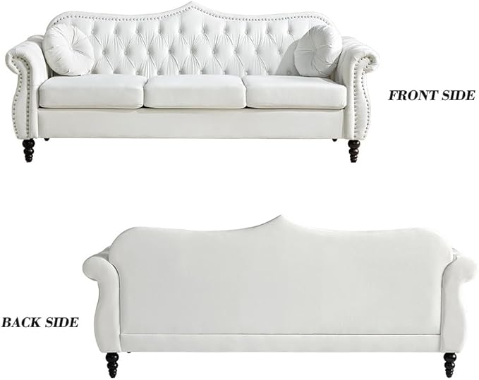 3 Seater Chesterfield Sofa Velvet Modern Tufted Velvet Couch with Scroll Arms and Nailhead Classic Chesterfield Settee Couches (White)