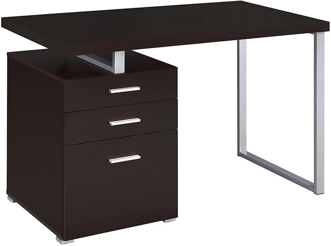 CARTESIAN Vertex Reversible 47 Inch Office Computer Desk with 3 Drawers Cappuccino Finish Silver Metal Frame