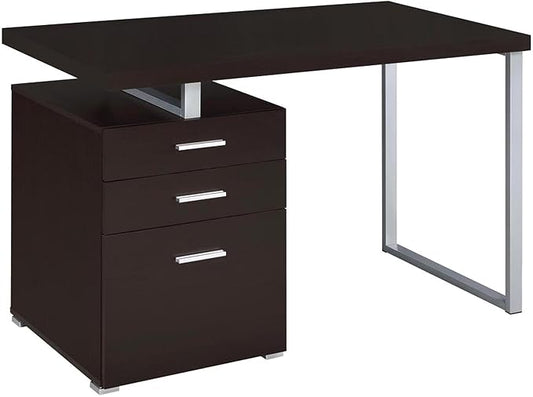 CARTESIAN Vertex Reversible 47 Inch Office Computer Desk with 3 Drawers Cappuccino Finish Silver Metal Frame
