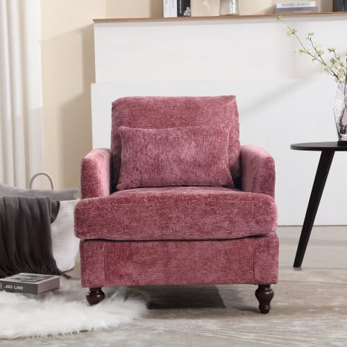 QQU Modern Upholstered Armchair Chenille Fabric Single Armchair with Cushions Living Room Lounge Chair Reading Chair with Solid Wood Frame Suitable for Bedroom Reception RoomWine Red