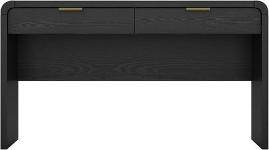 Manhattan Comfort Grace 54 Modern Office Desk with 2 Drawers Wood Table with Metal Recessed Handles for Work from Home Study Craft Stylish Executive Desk Black and Gold