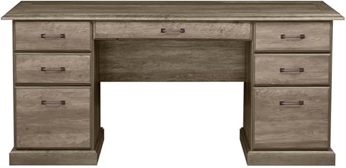 Pemberly Row Contemporary 65 Executive Desk Rustic Oak Finish Laminate Surface 7 Drawers for Storage and Organization Farmhouse Style Home Office Desk with Scratch-Resistant Work Surface