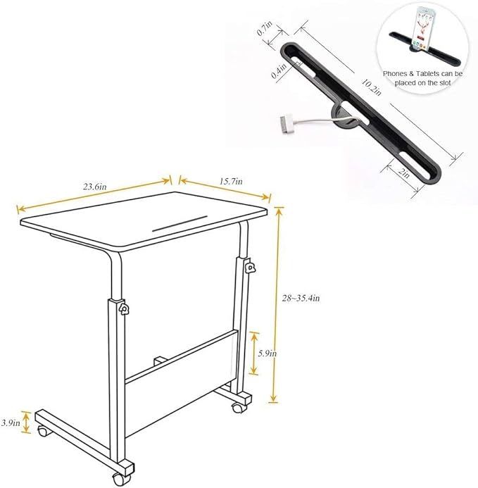 SDHYL Mobile Side Table with Wheels Adjustable Height C Table with Phone Holder &amp Storage 23.6 Inch Portable Rolling Desk for Sofa Bedroom Living Room Home Office