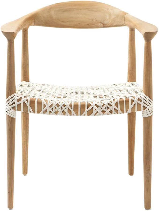 SAFAVIEH Home Collection – Wade Light Oak Teak Wood Arm Chair with Woven Leather Seat Fully Assembled Mid-Century Modern Accent Chair (FOX1003A)