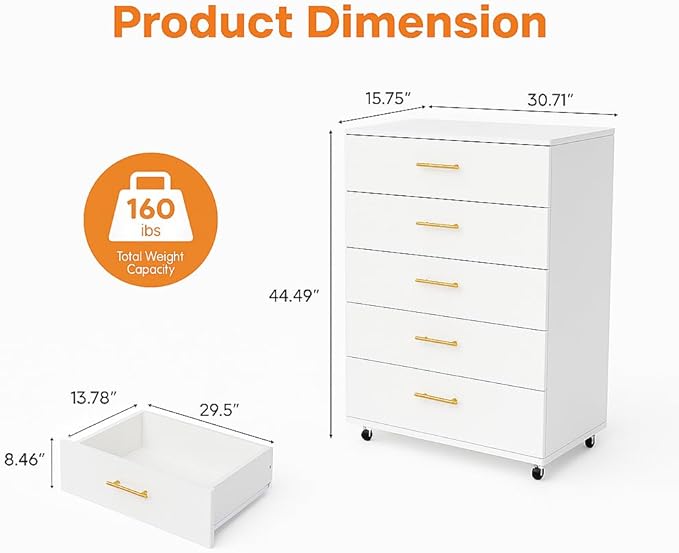 Vertical File Cabinet 5 Drawer Mobile File Cabinet Under Desk Wooden Filing Cabinet Storage Organization Filing Cabinet with Wheels for Home Office (Z-White)