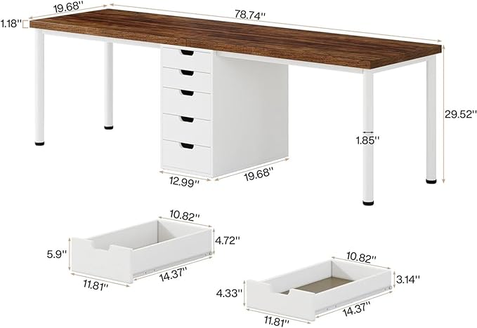 79 2 Person Desk with Drawers Double Computer Desk with Storage Cabinet Large Writing Home Office Desks Wood Two Person Desk with Metal Legs for Study Gaming