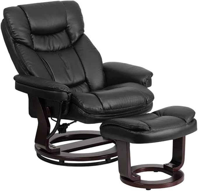 BOWERY HILL LeatherSoft Recliner and Ottoman Black Finish 41.25 H x 33 W x 44.5 D Swivel Base with Mahogany Wood Integrated Headrest Plush Arms Durable Leather Upholstery for Home or Office